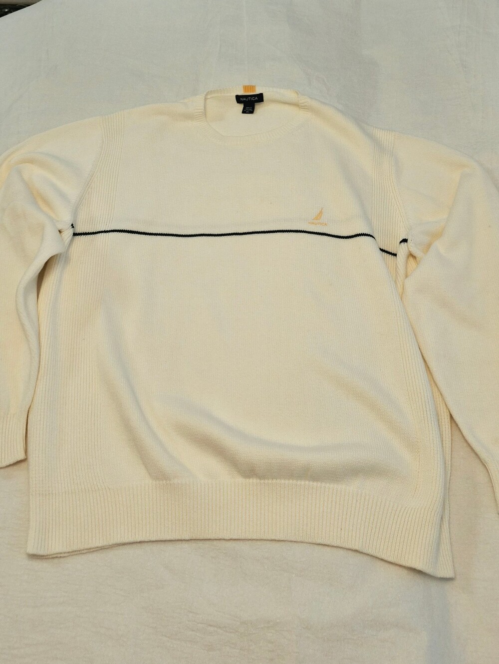 Nautica Men's Cream Crewneck Sweater with Black Contrast Stripe